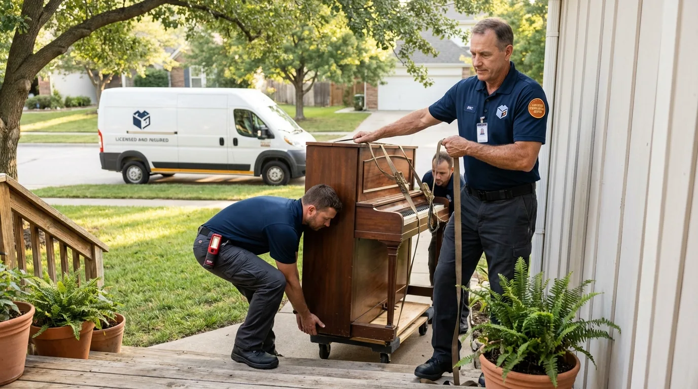 Licensed piano movers securing grand piano in Paola, KS