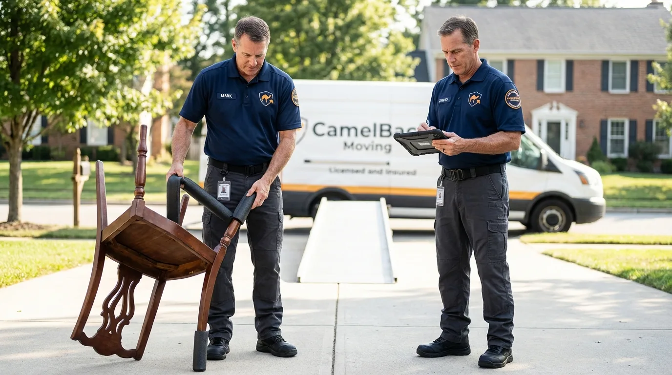 Movers inspecting furniture for damage prevention before loading in Paola, KS