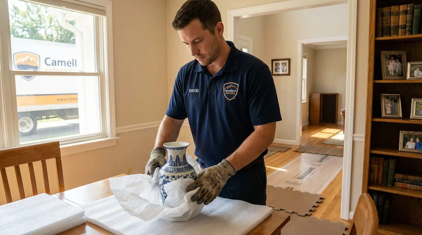 Professional crew carefully wrapping antique vase for senior downsizing move in Paola, KS